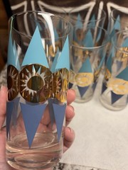 Set of 8 Federal Glass Nordica Turquoise & Gold Atomic Highball MCM Barware