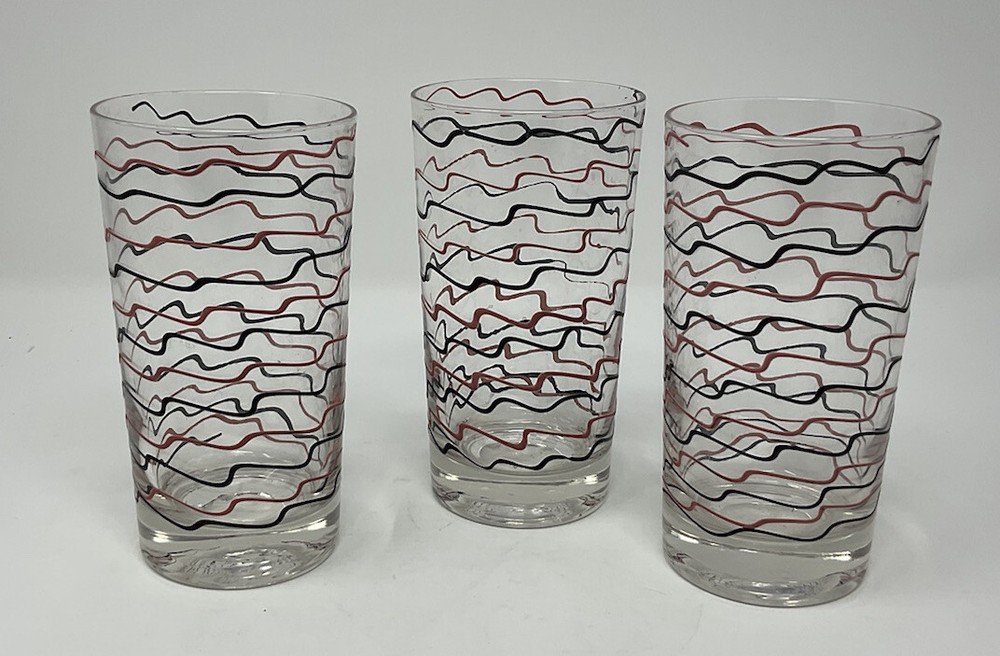 vintage mid century modern glass tumblers pink and black waves Set Of 3