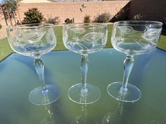 3 W.J. Hughes Cornflower Cordial Crystal Etched Cordials Sherry Glasses Vintage
