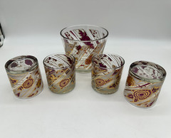 VTG Culver Gold Red Chrysanthemum Rocks Glasses Set of 4 With Ice Bucket Barware