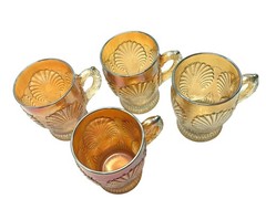 Dugan Diamond Beaded Shell Carnival Marigold Glass Mugs w/ Handles Set Of 4