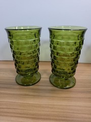 Vtg Indiana Whitehall Colony Cubist Footed Glasses Avocado Green Set of 2