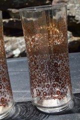 Vintage Glasses Tumblers Tall Brown Flowers 6.5 inches MCM Set of 3 New Old