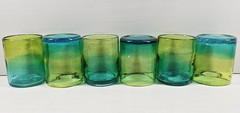6 Bubble Glass Yellow Green Double Old Fashioned Set Hand Blown Art Tumblers Lot