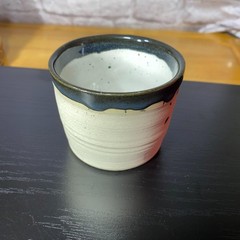Studio Pottery Stoneware Tumbler 6 Oz Beige Blue Drip Glaze Speckled Mug Tea