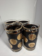 4 VNTG 1960’s Libbey Black Textured 22k Gold Coin Design MCM Tumblers High Ball