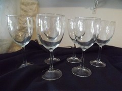 6 vtg CLEAR GLASS WINE GLASSES beveled stems 7″ tall