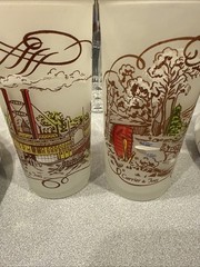 Courier And Ives Glasses Frosted With Painted Outdoor Scenes