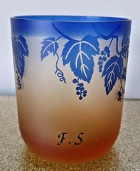 3.5″ Glass Cup Hand Engraved NOS Sign Grapes Original Box JAPAN Blue Clear Gold