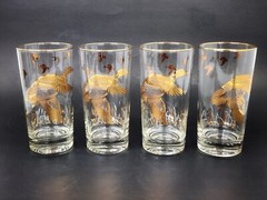 Rare Dominion 4 Highball Tumblers Glasses 24K Gold Ducks Mallard Hunting MCM