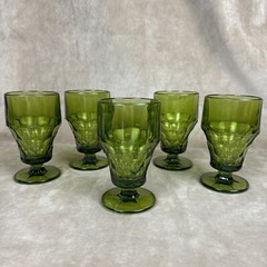 Vintage MCM Thumbprint Avocado Green Glasses Goblets Set of 5 Glasses Tumblers