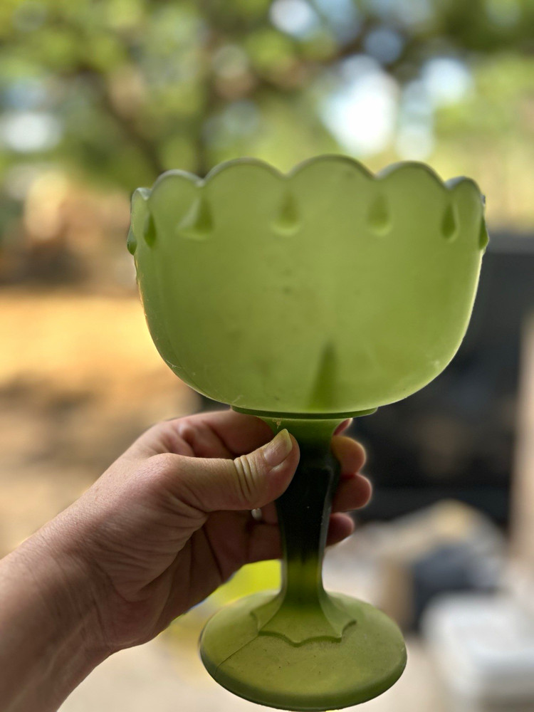 Unmarked Green Frosted Glass Pedestal Goblet Dessert Cup, Scalloped Rim