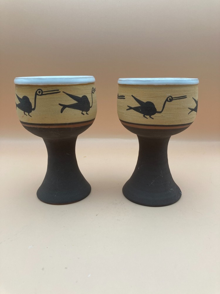 Vtg Southwest Style Pottery Goblet 2 Set Hand Painted Bird Design Pedestal 5″