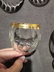 Dorothy Thorpe Style Gold Band Brandy Snifter Pitcher & 4 Optic RolyPoly Glasses