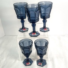 Fostoria Stemmed Glass set of 5 dark blue 6″ tall 2 7/8″ diameter 6 panel 6 oz