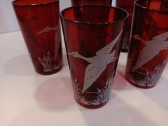 Vintage Anchor Hocking Glass Ruby Royal Wild Geese Cattails Tumbler Set of 5