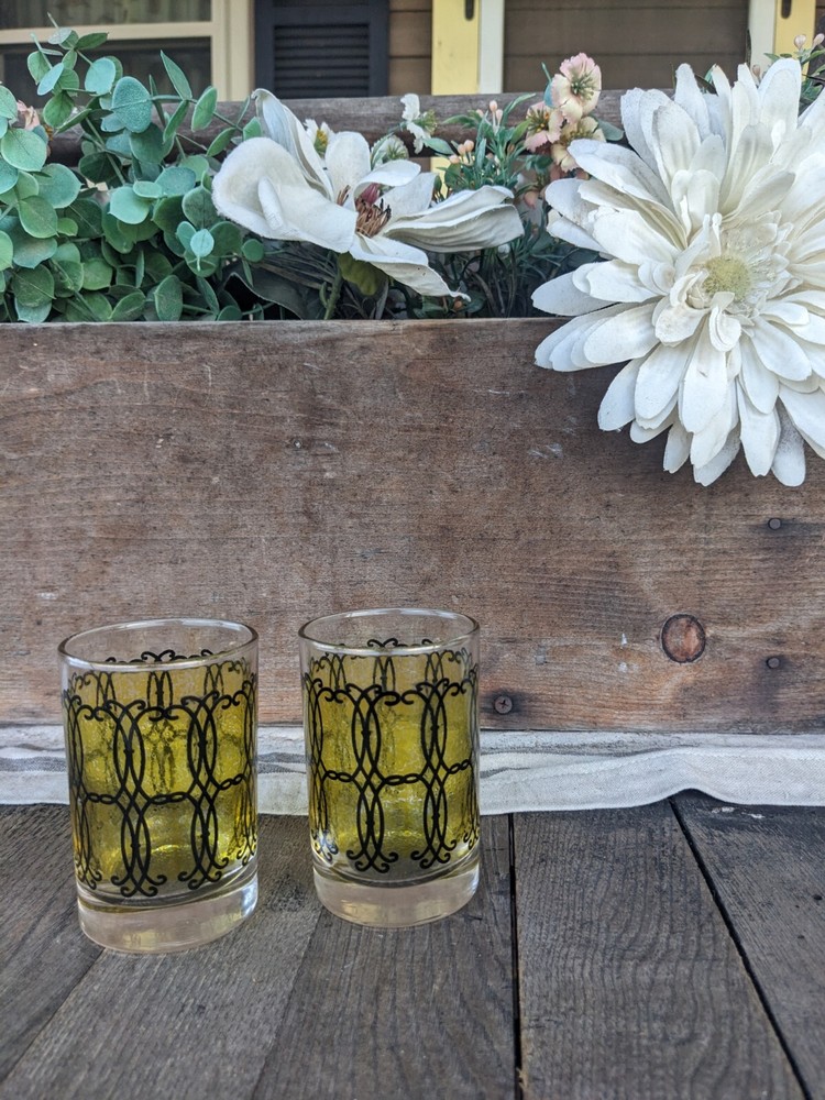 Vintage MCM Libbey Yellow Splatter w/ Black Scroll 6oz Juice Glasses (2)