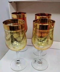 Vintage Italy Luminare Glass Gold Etched Rim Wine Glasses Stemware Set Of 4 MCM