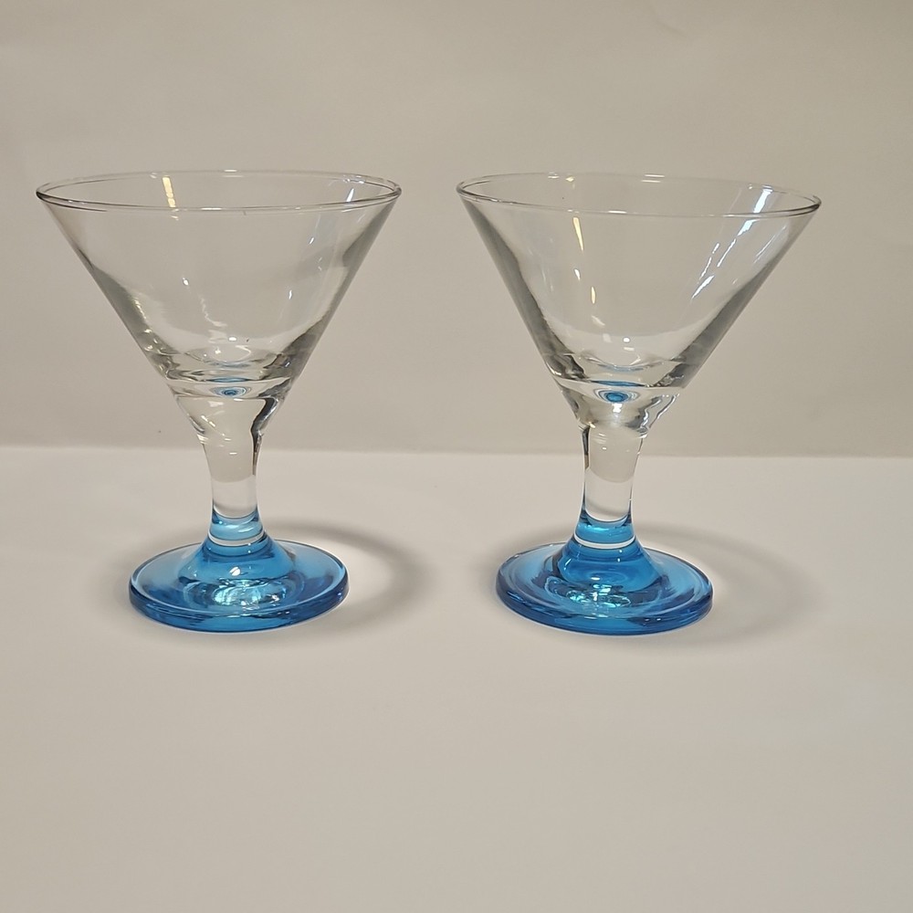 Set of 2 Pier 1 Imports Miniature Martini Cordial Glasses Clear w/ Blue Base 4″