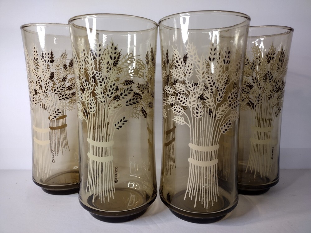 4 Vintage Libbey Franco Wheat Water Glass Tumbler Smokey Amber Mid-Century MCM