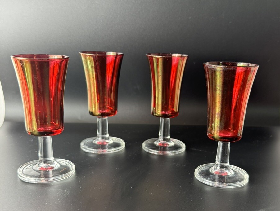 Vintage Red Sherry Glasses With Gold Iridescent Tint Lot Set Of 4