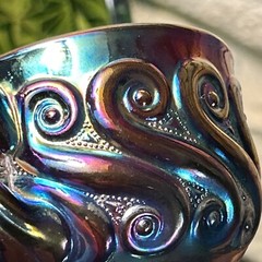 3 Antique Carnival Glass Cups Vintage Purple Gold Green Murano wine Drinks Fair