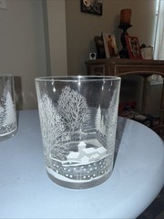 Vintage 4 AVON “THROUGH THE WOODS” Frosted Winter Scene Glasses Sleigh Ride