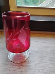 Etched Cranberry Glass Footed Goblet with Grapevine Design to Clear Iridescent