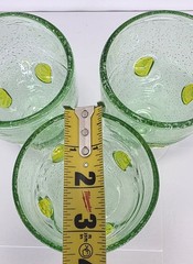 Set Of 3 Green Seeded Bubble Glass Goblets With Lemon Slices & Clear Ball Stem