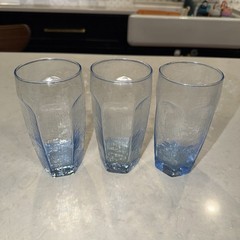 Set of 3 Vintage 16 oz Libbey CHIVALRY Blue Panel Glass Tumbler Coolers ~6-1/8″~