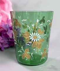 Antique Moser Type Tumbler Gold Leaves Scrolls 19thC 2.75”H Bohemia
