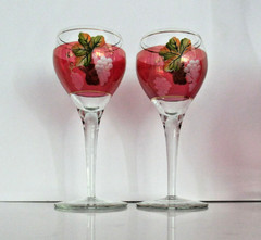 Vtg. Romanian Hand Painted Grapevine Ruby Red Flash Wine Glasses & Decanter 7pc