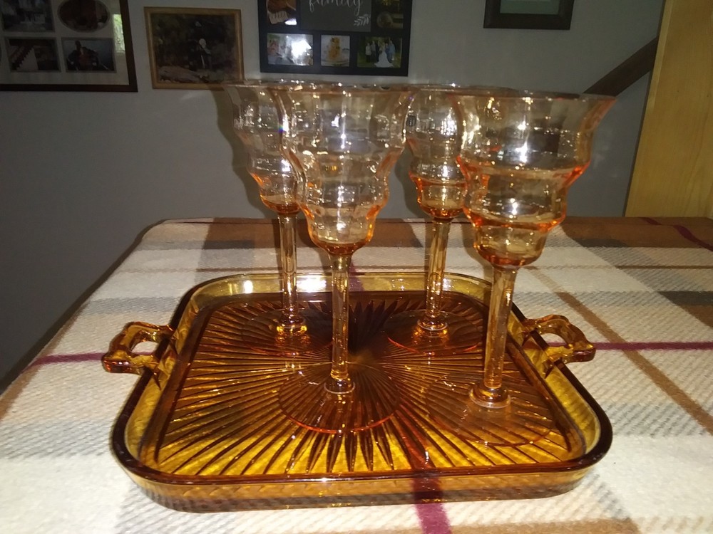 Central Glass Works, 3 #1428 Wine Glasses in Amber