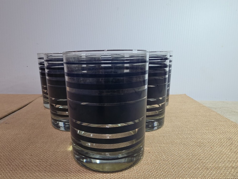 Vintage MCM double Old Fashioned Toscany Rocks Glasses Set Of 6- BLUE Stripes