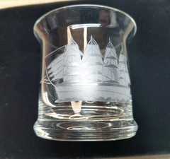 Vintage Etched Clipper Ship Whiskey Old Fashion Glass Sailboat Cocktail-Exc Cond