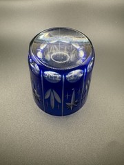 Unmarked Etched Cobalt Blue Cut Glass Starburst Shot Glass Votive Candle Holder