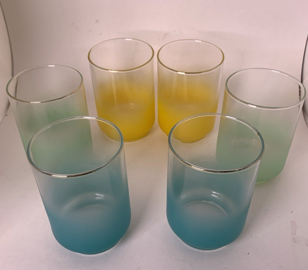 6 Vtg MCM Libbey Glass Blendo Frosted Yellow Green Teal Tumblers Glasses 4″ 8 oz