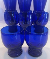 Set of 8 Imperial Cobalt Blue Glass Shaeffer Tumblers 3.75” & 4″ Tall Ribbed