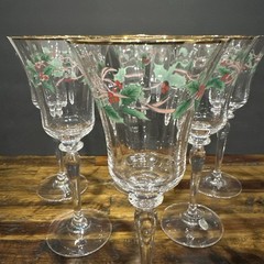 Vintage 80s Mikasa Crystal Ribbon Holly hand blown Set of 6 Glasses Gold Rim