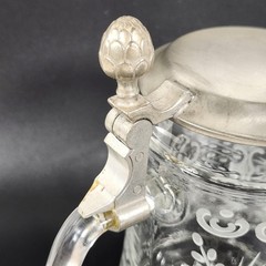 Vintage Clear Etched Floral Glass Beer Stein Pewter Lid Decorative Unmarked