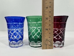 Cut Crystal Shot Glasses Green Ruby Red Cobalt Blue Emerald Green Lot Of 3
