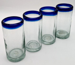 Mexico Hand Blown Glass Tumblers Clear With Cobalt Blue Rim 5.5″ Set of 4