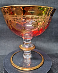 Vintage Cranberry Glass Champagne Coupe Gold Gilt Décor Bohemian Style