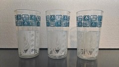3 MCM Anchor Hocking Drinking Glasses Clear W White And Teal Paint Tea/coffe Pot