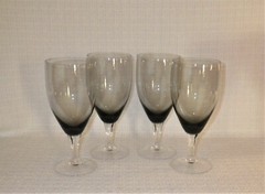 Fostoria DEBUTANTE Smoke/Gray Bowl Clear Stem Water Glasses Goblets (4)