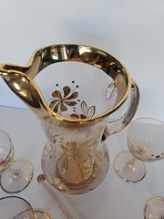 ✨ MCM Bohemian Czech Blush Glass Gold Enamel Cordial Set Pitcher + 4 🍸
