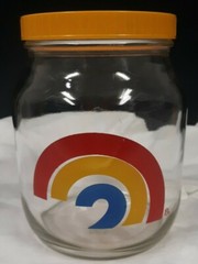 Vintage 1970’s Glass jar with lid blue yellow red Rainbow swirl logo