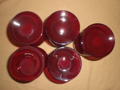 VTG ROYAL RUBY WITH GOLD RIM HOME ESSENTIALS STEMMED GOBLETS-7.25” TALL-SET OF 5
