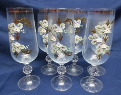 6 Vtg Bohemian Champagne Flutes Hand Painted Floral Gold trim Etched bowl