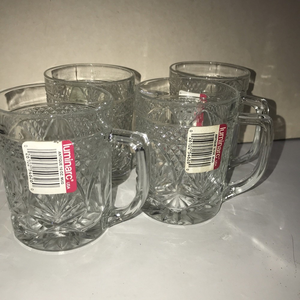 4 Luminarc Antique Clear Cristal D’Arques Durand Glass Mugs Intact Labels .